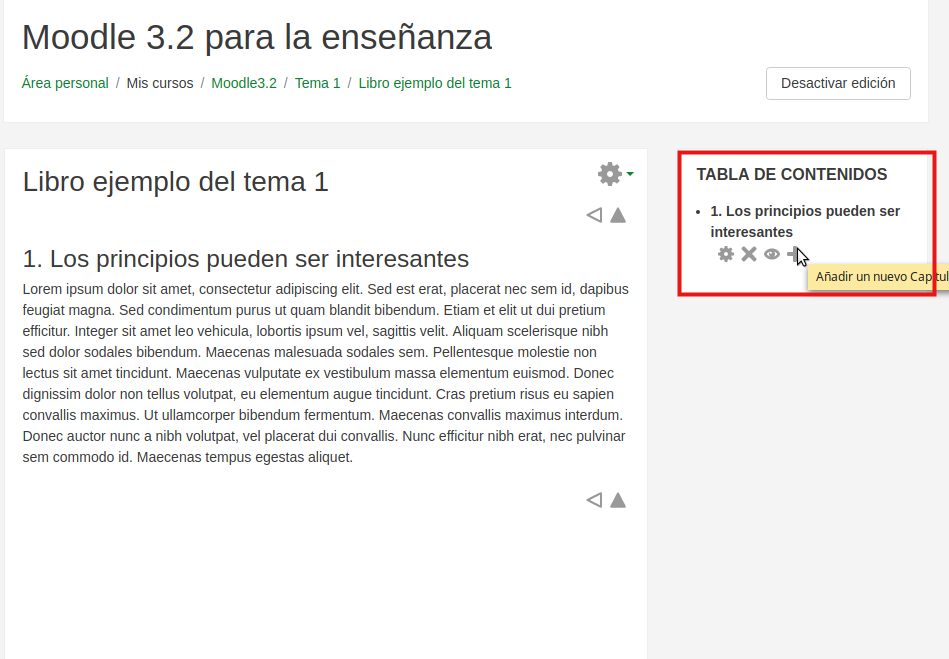 Fig. Captura de pantalla del resultado de la creación de un capítulo
