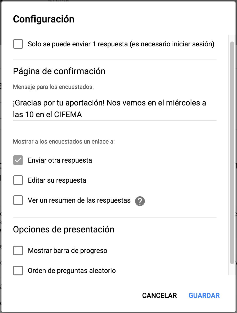 Configuración del formulario