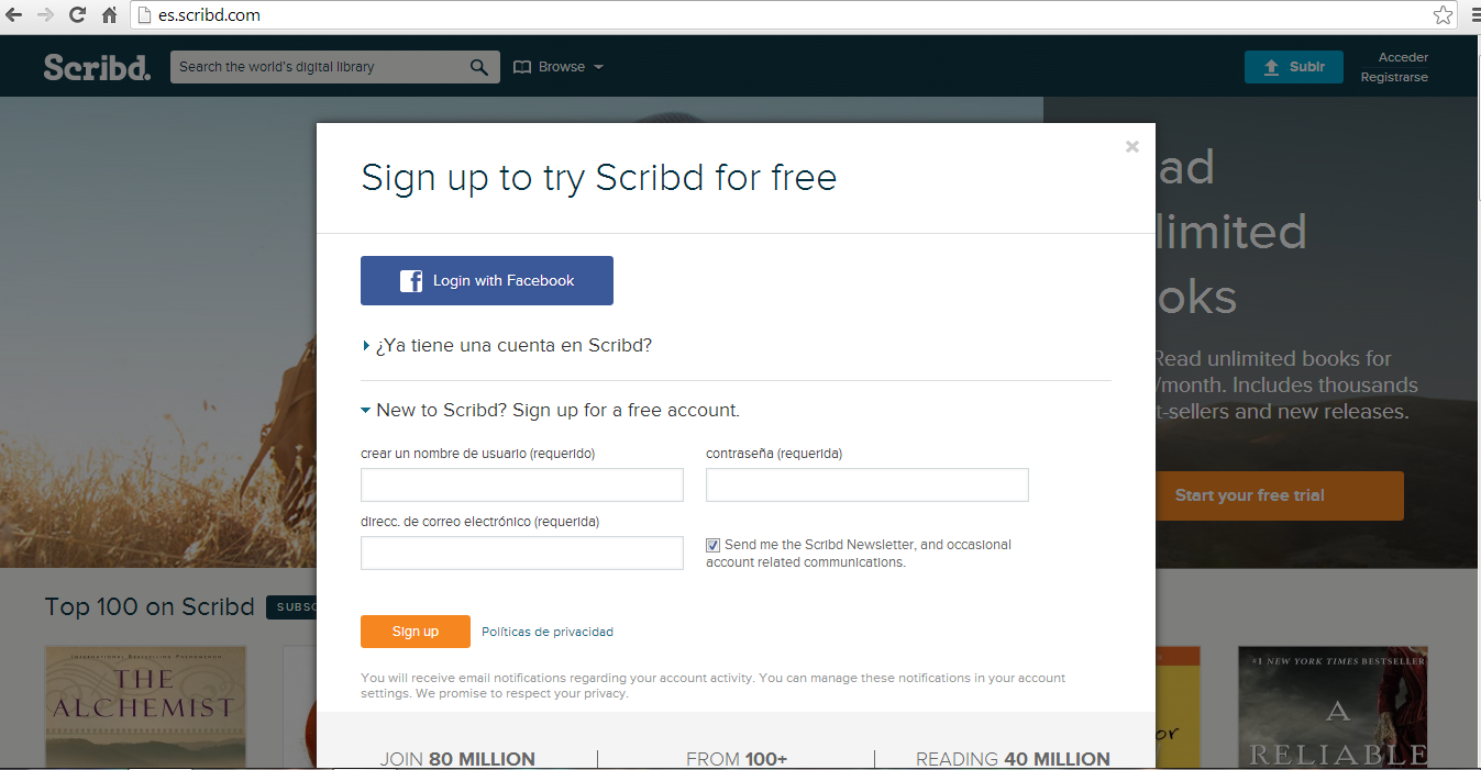 Página para inscribirse en Scrib