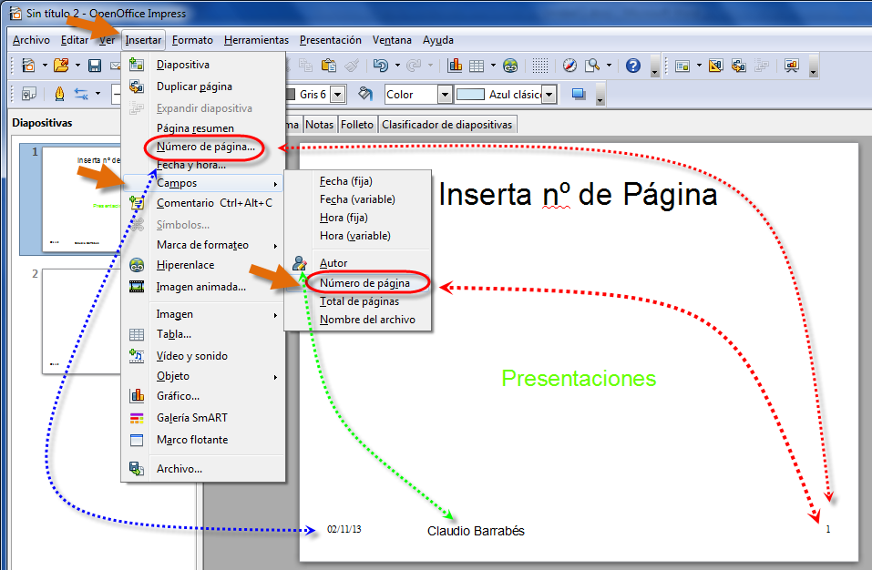 Insertar nº y pie de página en Impress Insertar número y Pie de página en OpenOffice