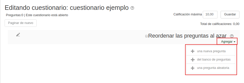 Captura de pantalla. Edición de cuestionario